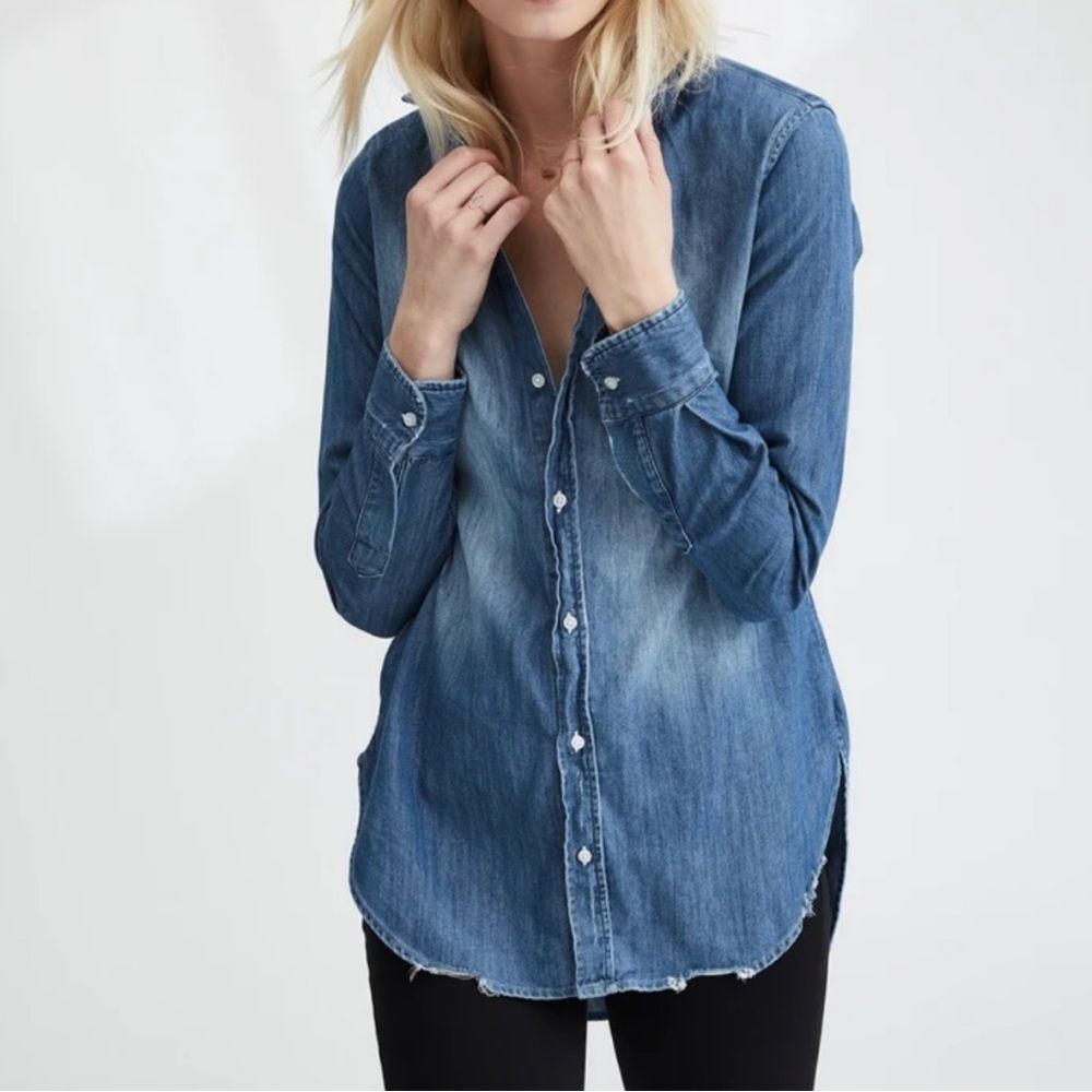 Frank & Eileen Grayson Denim Distressed Button Down​​ Top